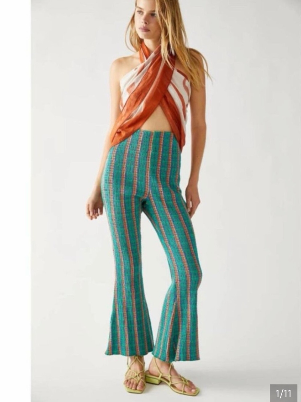 Free People Teal, yellow and blue Striped Knit Flare Pants